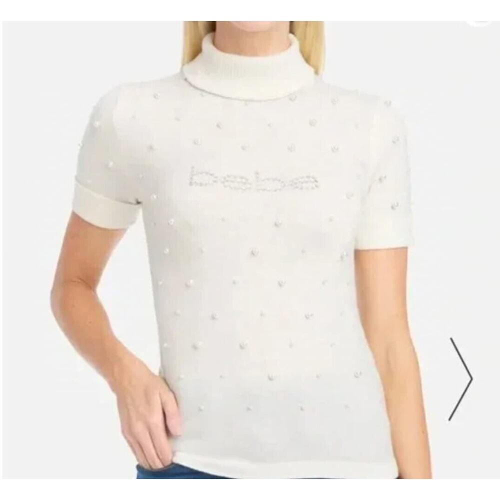 Bebe Y2K Rhinestone Turtleneck Sweater Soft Logo White Pearls Sz Small